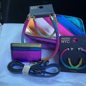 Madden NYC Rainbow Metallic jewelry set and purse with accessories.